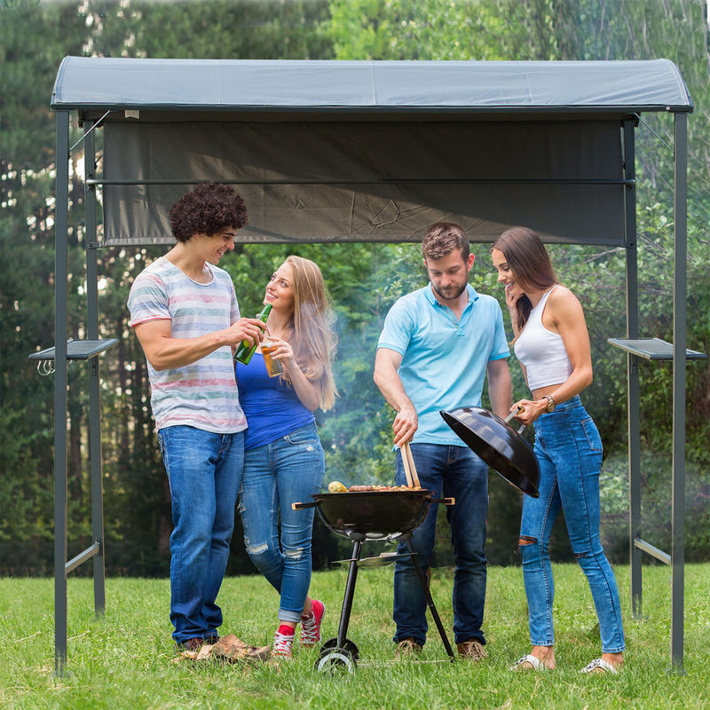 Large Outdoor BBQ Gazebo with Flame-Retardant Roof & 2 Shelves - Heavy-Duty Iron Alloy Frame, High Quality Polyester Canopy, Spacious 219.96cm x 137.92cm x 219.96cm Black Patio Shelter for Backyard, Garden, Camping - Easy Ass