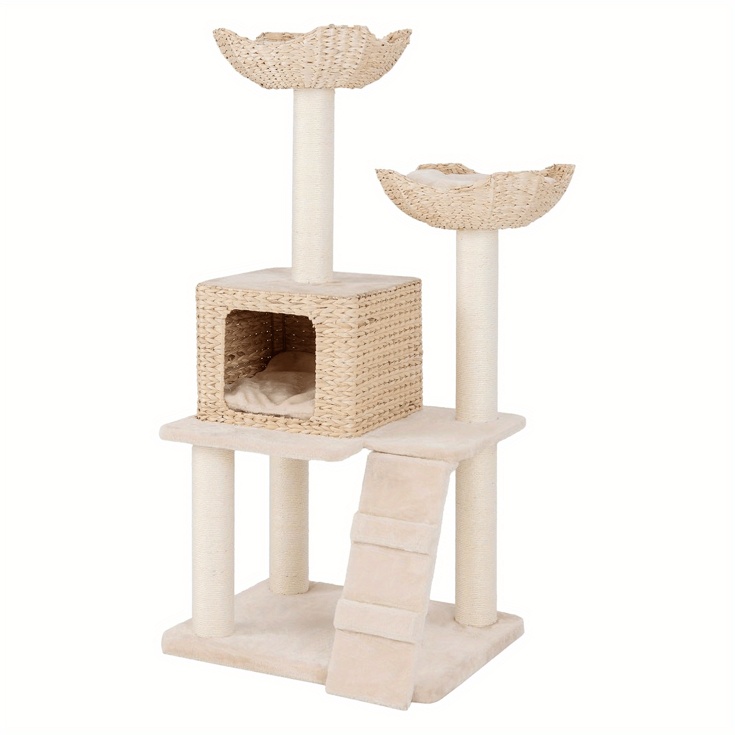 Krabpaal – Kattenboom – Krabmeubel – Kattenmand – Krabton – Natuurlijk Hout – 122 cm Hoog – 4 Niveaus Met Sisal Krabpalen