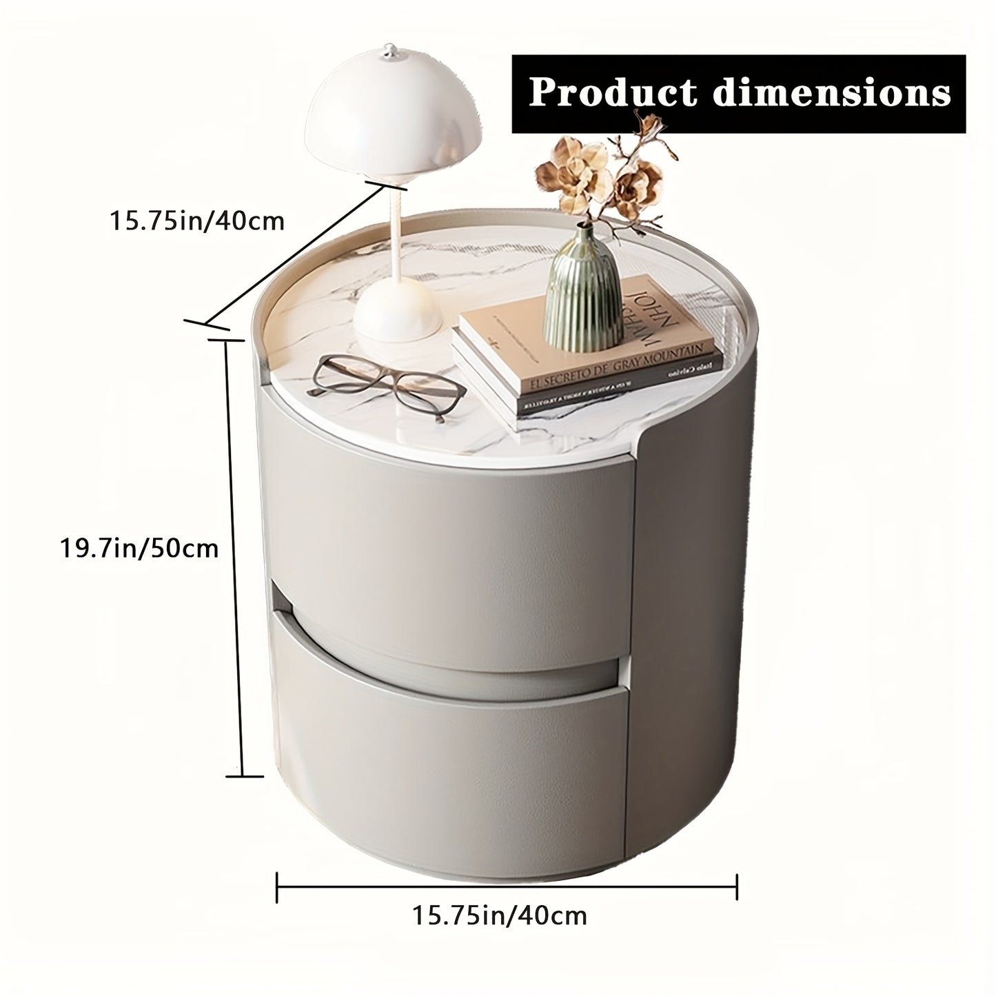 Ronde Nachtkast – Nachtkastje – Bedside Table – Bijzettafel – Nachtkastje Met Laden – Grijs – Massief Hout – Microvezel Leder Afwerking – Compacte Ruimtebesparende Opbergruimte