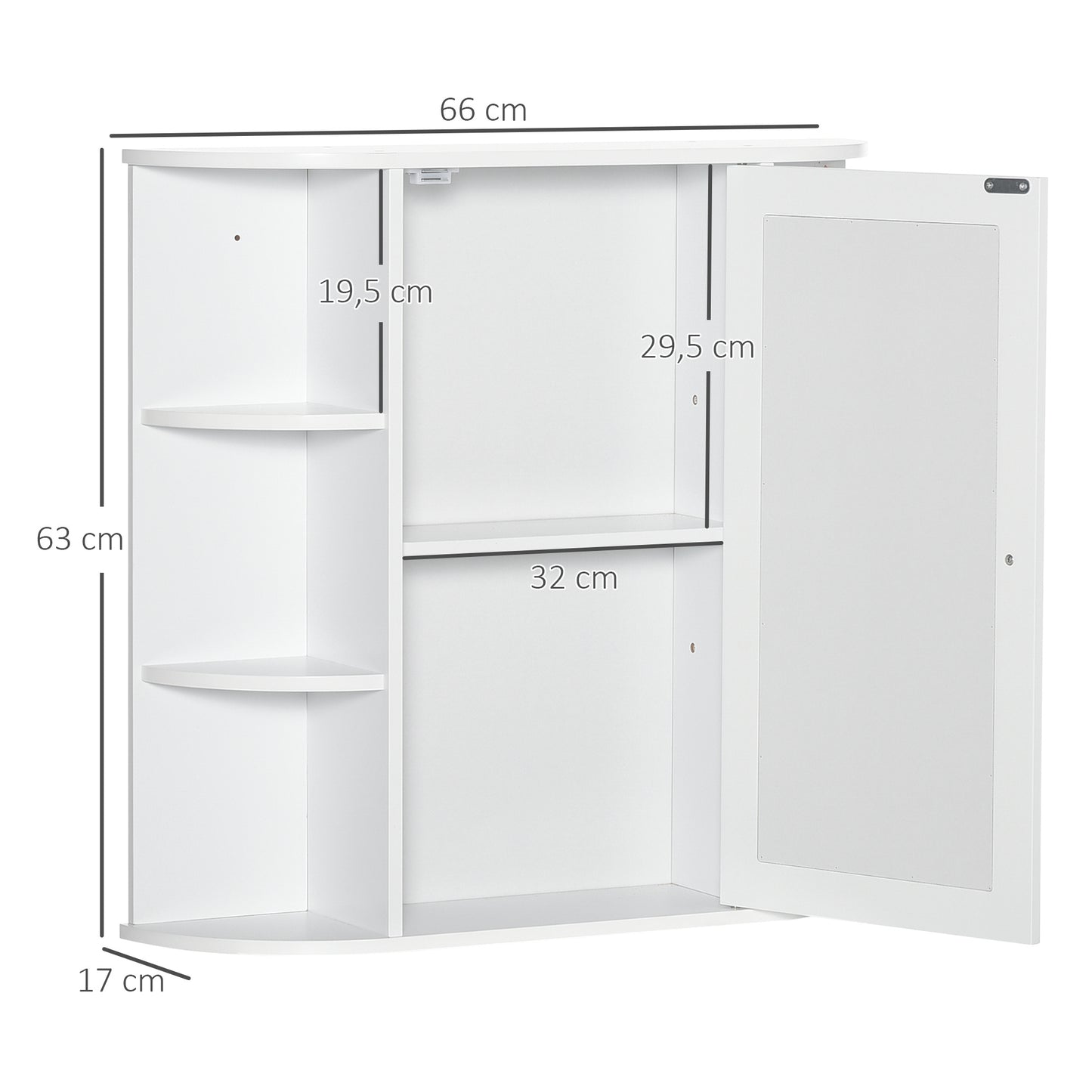 Badkamerspiegelkast – Badkamerkast – Spiegelkast – Medicijnkast – Opbergkast – 8 Compartimenten – Vochtbestendig MDF – 66 x 17 x 63 cm – Wit