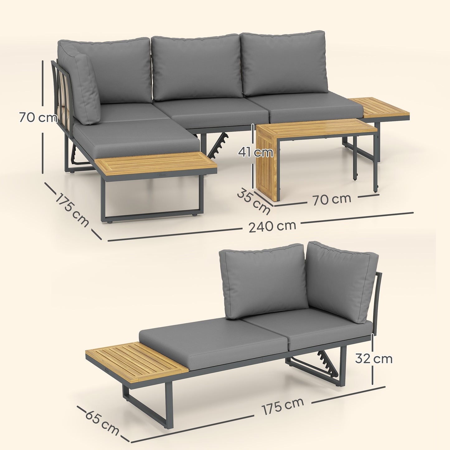 Loungeset – Tuinmeubelen – Buitenmeubilair – Hoekbank – Loungesofa – Acaciahout – 6-Delige Set – Verstelbare Rugleuningen – Grijze Kussens