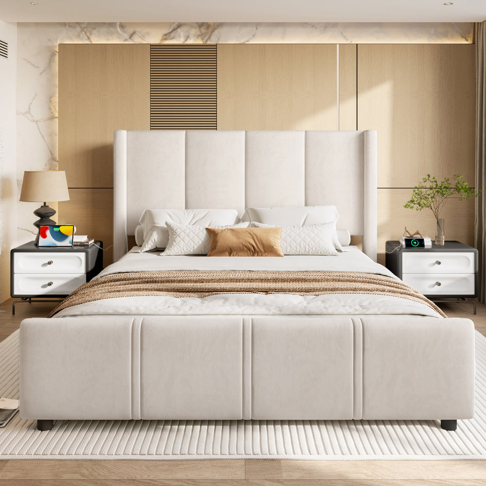 Boxspringbed – Bedframe – Slaapbed – Stofbed – Gestoffeerd Bed – Donkergrijs – 140x190 cm – Hoog Hoofdbord – Stevig IJzerhout Frame