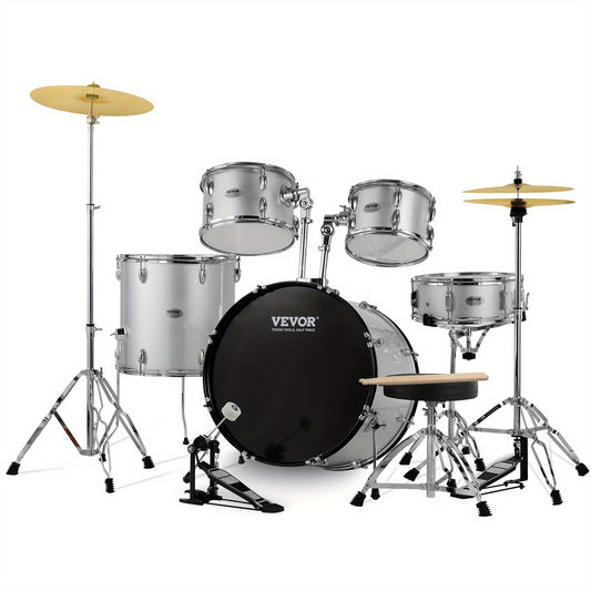 Drumstel – Drums – Schlagwerk – Percussie – Drum Kit – 5-Delig Compleet – Verstelbare Kruk – 55,88 cm Basdrum – Zilverkleurig