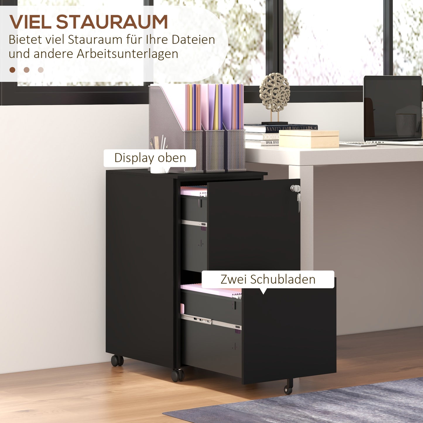 Ladekast Rollend – Kantoorcontainer – Archiefkast – Opbergkast – Met Wieltjes – Verstelbare Hangmappen – Met Slot – Stalen Zwart – Compact 37x43,5x67,5 cm – Mobiel En Veilig