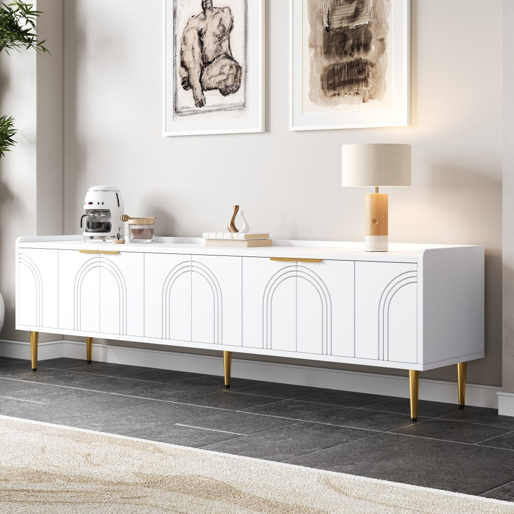 TV Cabinet | Low Unit with Textured Doors, Golden Handles, and Golden Feet | Optimal Storage for Audio-Visual Equipment, Games Consoles, Books, or Decorative Items | Keeps Belongings Efficiently Organized and Tidy | Metal Mat