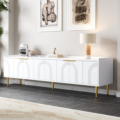 TV Cabinet | Low Unit with Textured Doors, Golden Handles, and Golden Feet | Optimal Storage for Audio-Visual Equipment, Games Consoles, Books, or Decorative Items | Keeps Belongings Efficiently Organized and Tidy | Metal Mat
