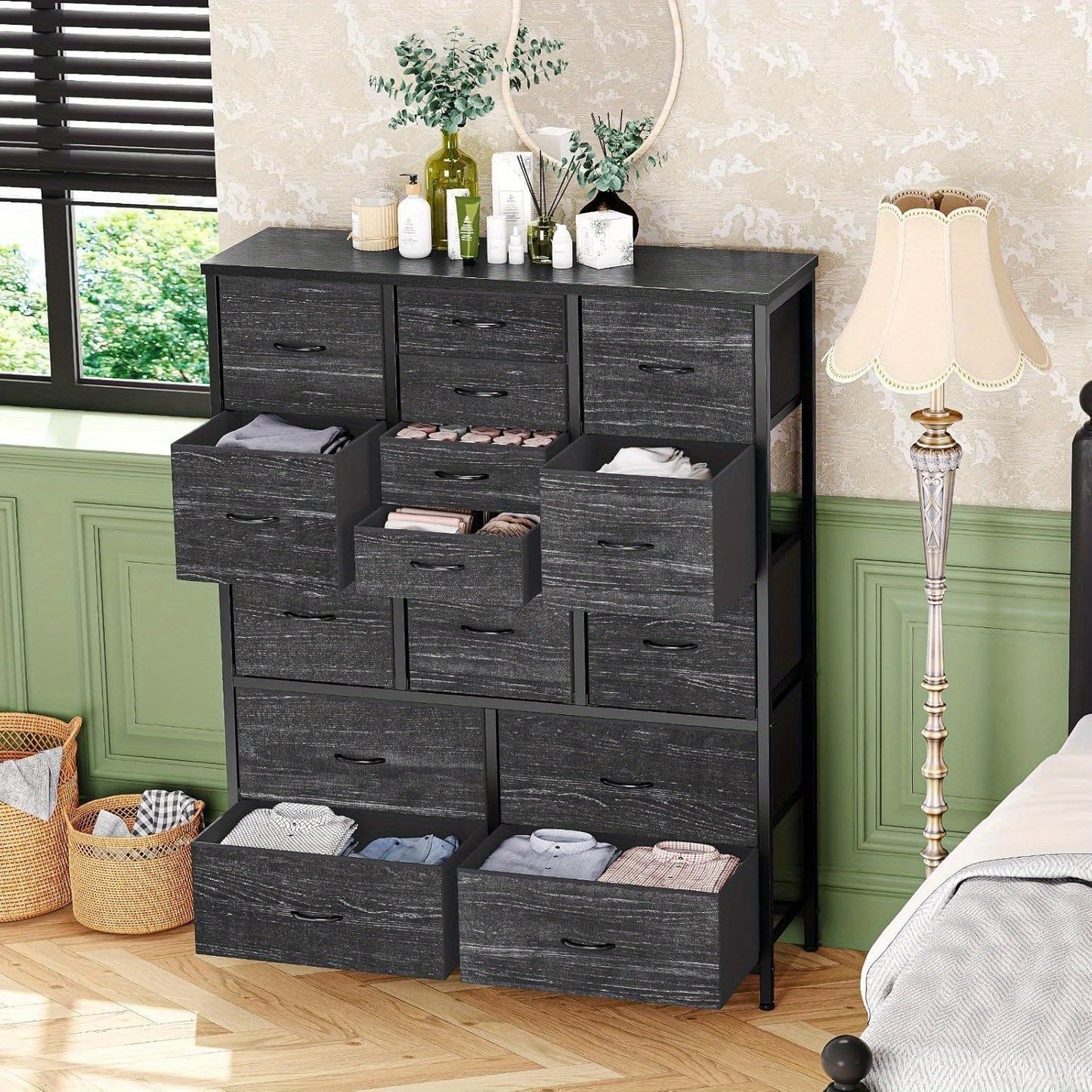 15-Laden Kast – Opbergkast – Ladekast – Dressoir – Organiser – Metaal & Stof – 15 Ruime Laden – Verstelbare Plastic Pootjes – Rustiek Design – 112 cm Breed – Zwart