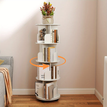 Boekenplank – Boekenrek – Wandplank – Boekenkast – Wandrek – 4 Lagen – 360° Draaibaar Met Remwielen – Wit MDF – Stevig & Gemakkelijk Te Monteren