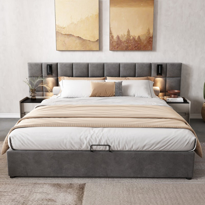 Uitschuifbed – Opbergbed – Bed Met Opbergruimte – Slaapbed – Velours Bed – 180x200cm – Hydraulische Opbergruimte – Verstelbare Lamp