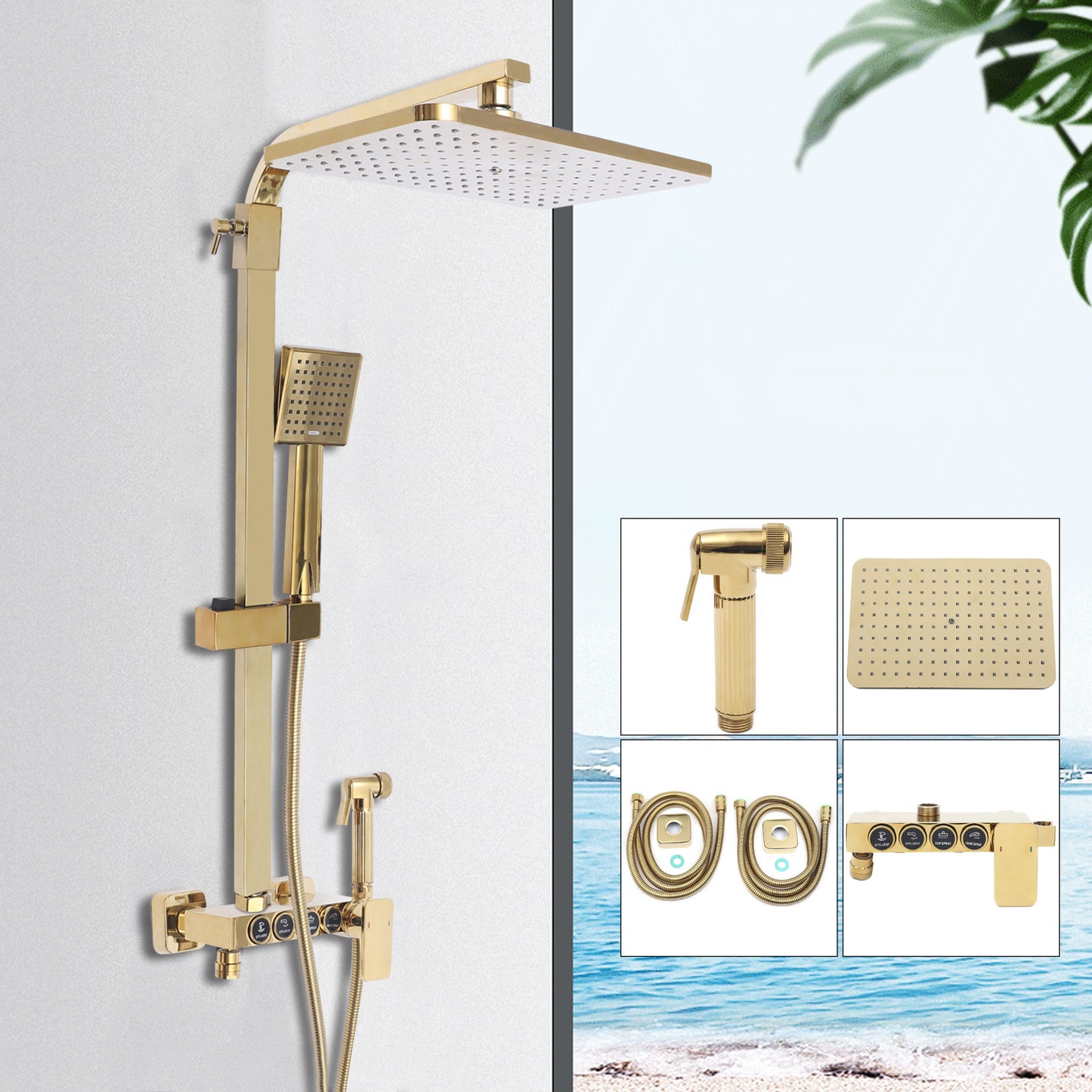 Doucheset – Regendouche – Handdouche – Badkraan – Bidetfunctie – Massief Messing – Thermostatische Mengkraan – 22,86x22,86 cm Grote Hoofddouche – Muurmontage