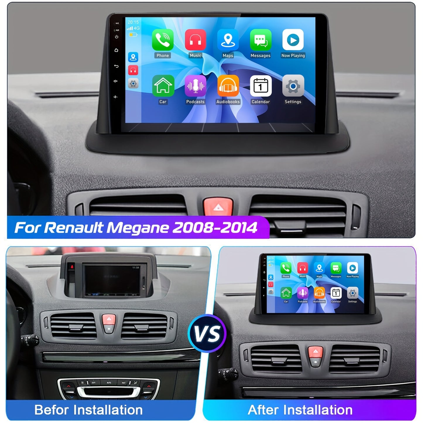 Android 9 Inch Autoradio – 2-DIN Multimedia Unit – Android Car Stereo – Touchscreen Head Unit – Renault Megane 2008-2014 – 4GB RAM 64GB Opslag – Draadloze Android Auto & Achteruitrijcamera