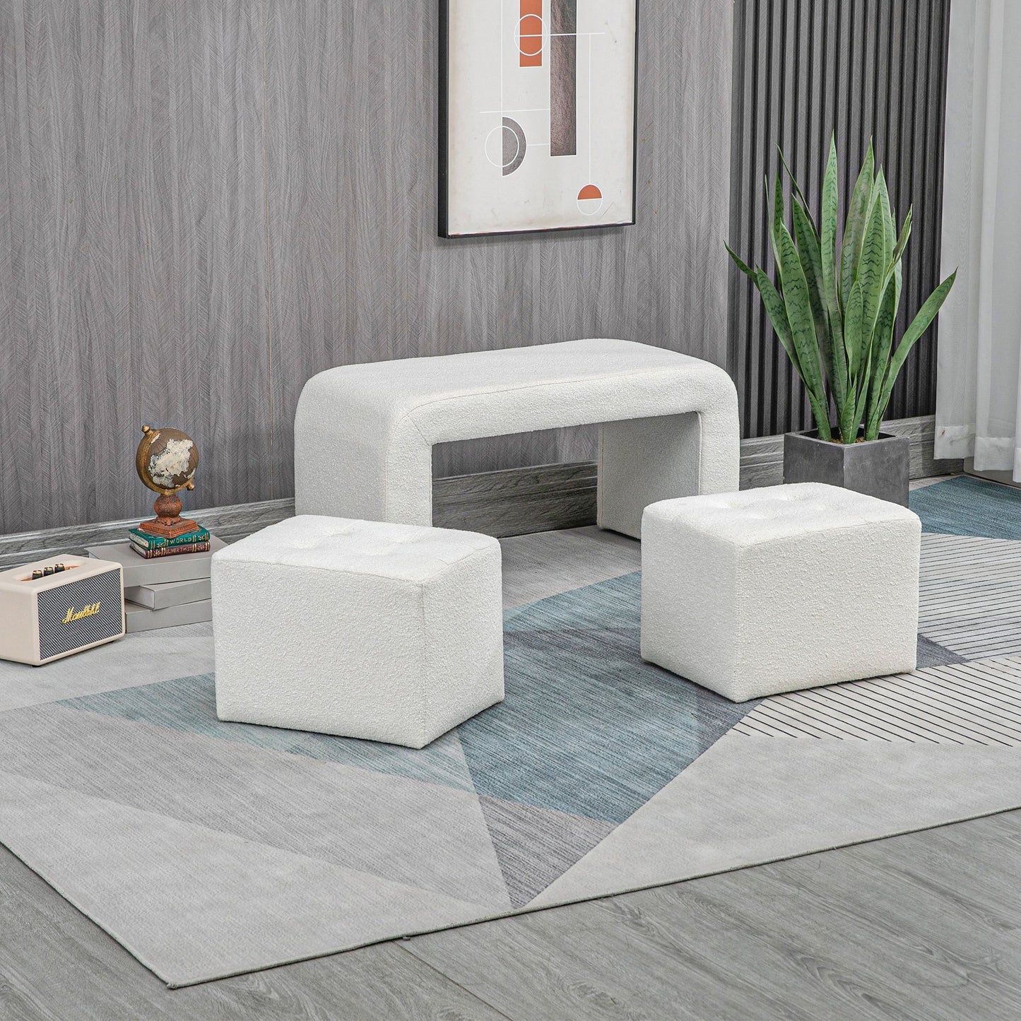 Poef – Hocker – Voetenbankje – Kruk – Opbergpoef – Set van 3 – Wit – Comfortabel Zitten – Stevig Eucalyptushouten Frame
