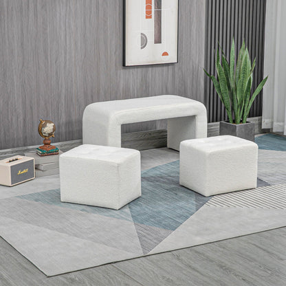 Poef – Hocker – Voetenbankje – Kruk – Opbergpoef – Set van 3 – Wit – Comfortabel Zitten – Stevig Eucalyptushouten Frame