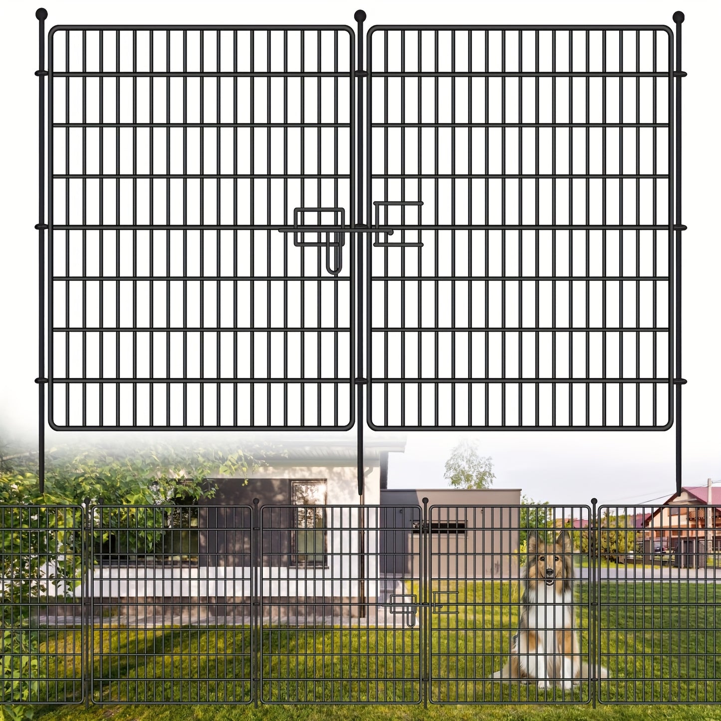 Zwarte Metalen Tuinafscheiding – Dierenren – Tuinhek – Hekwerk – Huisdieromheining – 15 Panelen – Roestvrij Stalen Draad – 81 cm Hoog – Eenvoudige Montage Zonder Graven