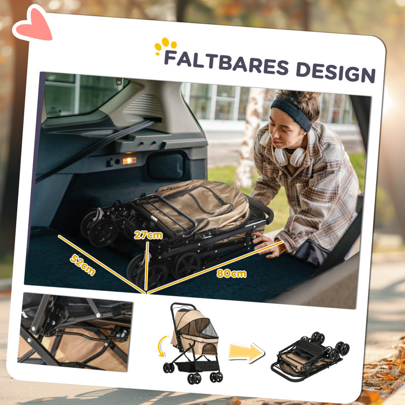 Hondenwagen – Hondenbuggy – Hondenkar – Pet Stroller – Wandelwagen – Inklapbaar – 360° Draaibaar Voorwiel – Ventilatienetten – Lichtbruin – Tot 15 kg