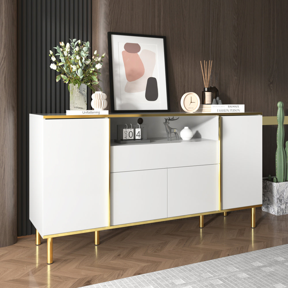Dressoir – Sideboard – Kast – Opbergmeubel – Ladekast – Hoogglans Wit Met Gouden Accenten – 4 Deuren En 1 Lade – Ruime Opbergruimte – Compact Formaat 59x31x75 cm