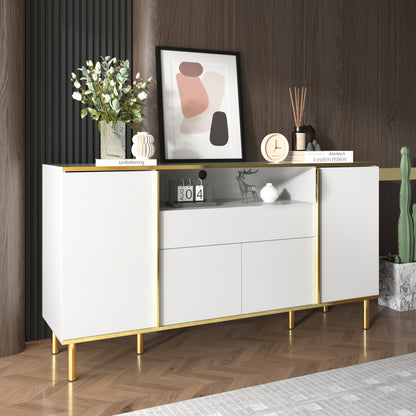 Dressoir – Sideboard – Kast – Opbergmeubel – Ladekast – Hoogglans Wit Met Gouden Accenten – 4 Deuren En 1 Lade – Ruime Opbergruimte – Compact Formaat 59x31x75 cm