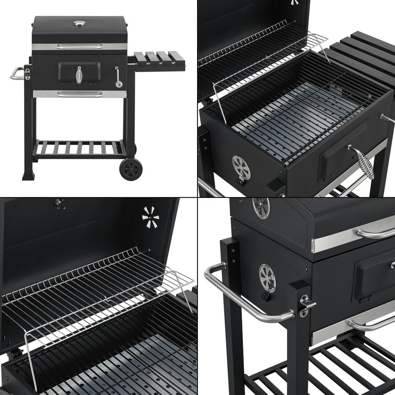 Grillwagen – Barbecuewagen – Houtskoolgrill – Tuingrill – BBQ Trolley – Ruime Grilloppervlakte 105x114x47,5 cm – Ingebouwde Thermometer & Traploze Houtskoolhoogteverstelling