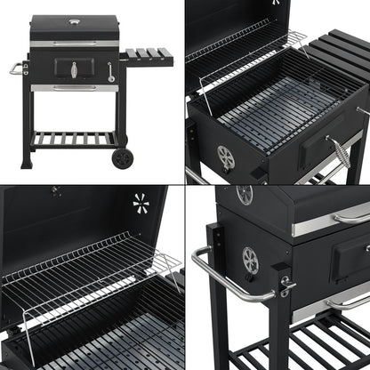 Grillwagen – Houtskoolbarbecue – Barbecuewagen – Tuingrill – BBQ Trolley – Zwart – Groot Grilloppervlak – Ingebouwde Thermometer