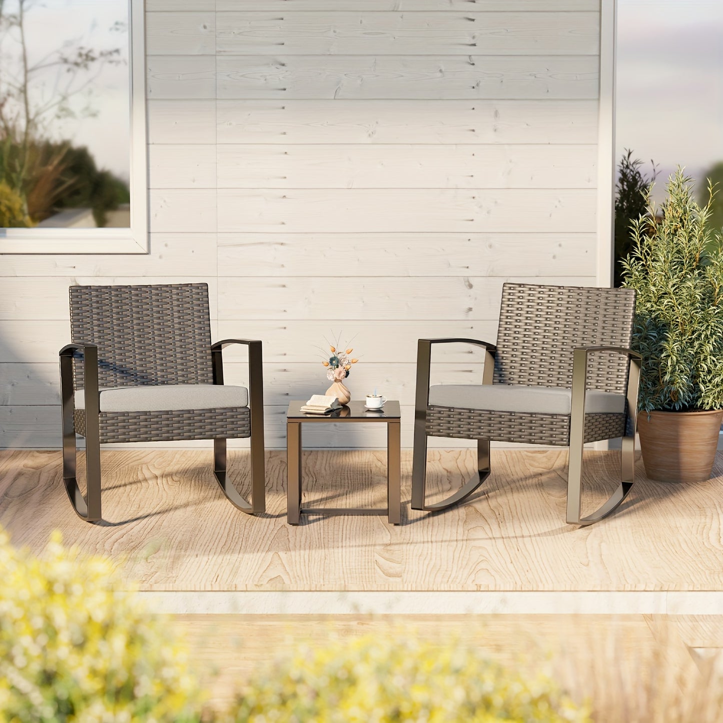 3-delige PE Rattan Tuinset – Lounge Set – Tuinmeubel – Buitenmeubel – Balkonmeubel – Weerbestendig Design – Met Gehard Glas Tafelblad – Grijs