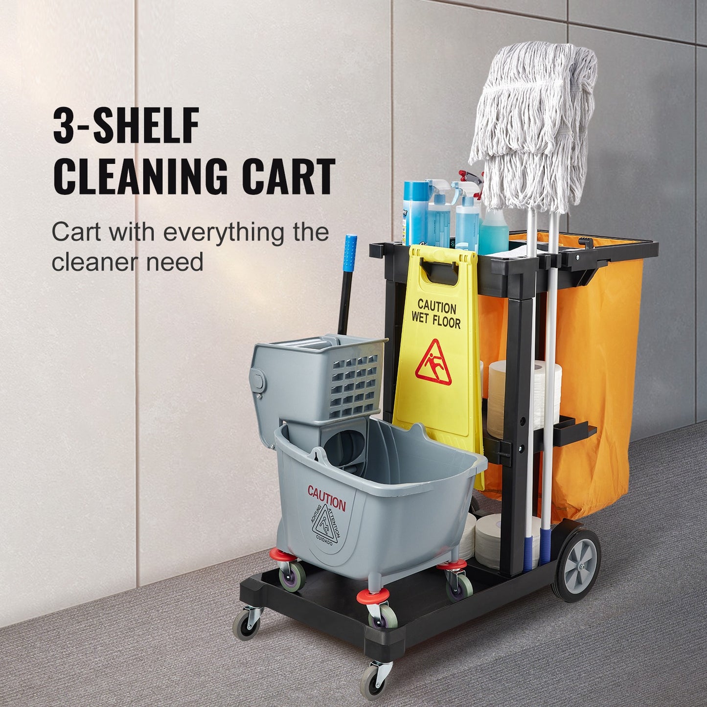 Schoonmaakwagen – Schoonmaaktrolley – Mopwagen – Schoonmaakkar – Dweilwagen – 3-laags met 95L duurzame PVC afvalzak – Hoogwaardig PP materiaal tot 90 kg draagvermogen