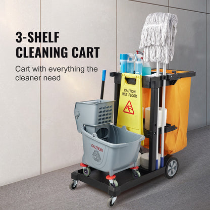 Schoonmaakwagen – Schoonmaaktrolley – Mopwagen – Schoonmaakkar – Dweilwagen – 3-laags met 95L duurzame PVC afvalzak – Hoogwaardig PP materiaal tot 90 kg draagvermogen