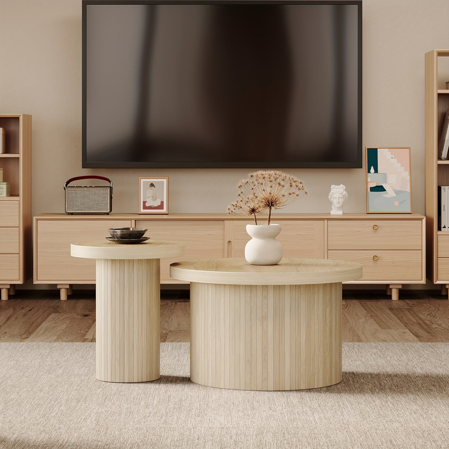Salontafel – Dubbele Tafel – Ronde Koffietafel – Bijzettafel – Woonkamertafel – Natuurlijk Hout – Met Houten Lamellen – Multifunctioneel