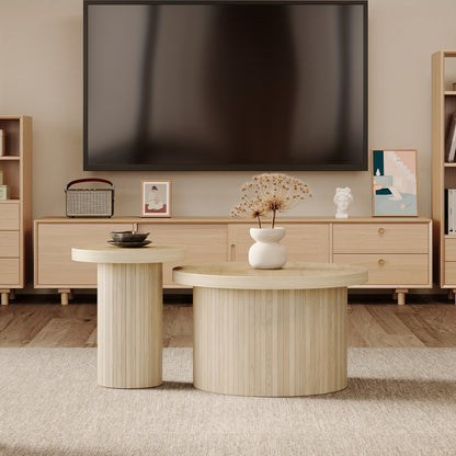 Salontafel – Dubbele Tafel – Ronde Koffietafel – Bijzettafel – Woonkamertafel – Natuurlijk Hout – Met Houten Lamellen – Multifunctioneel