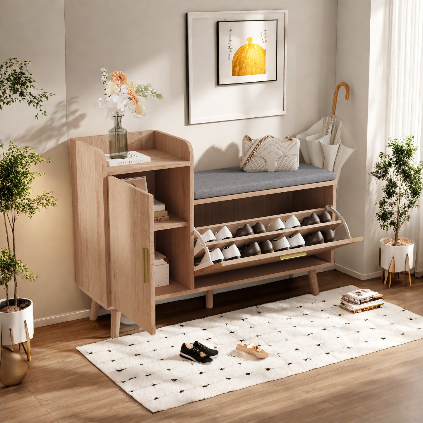 Schoenenkast – Schoenenrek – Schoenenopberger – Opbergkast – Smal Design – Schuine Laden – MDF & Hardhout – Zitkussen