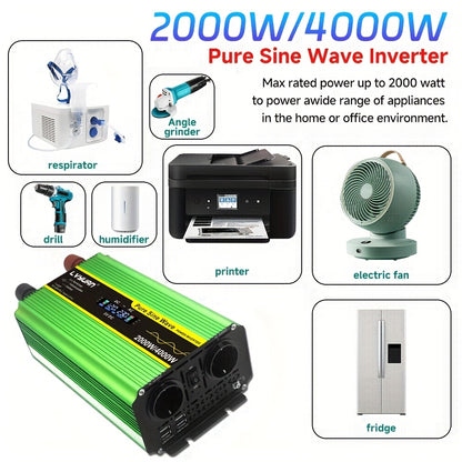 Omvormer 2000W – Stroomomzetter – Spanning Converter – Inverter – Power Inverter – Pure Sinusgolf – 3 UK Stopcontacten – 4 USB-poorten – LCD Display – Afstandsbediening