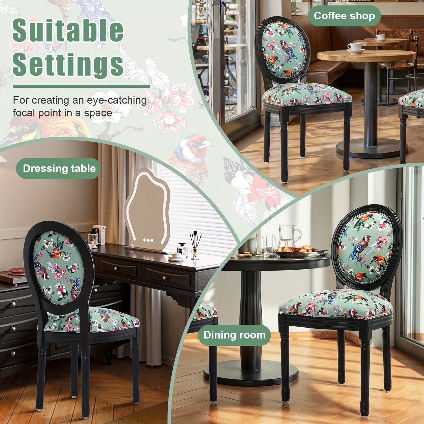 Eetkamerstoel – Stoel – Kuipstoel – Woonkamerstoel – Keukenstoel – Massief Houten Frame – Ademend Linnen Bekleding – Ergonomische Ovale Vleugelrug – Zonder Armleuningen – Vintage Franse Louis XVI Stijl – Groen