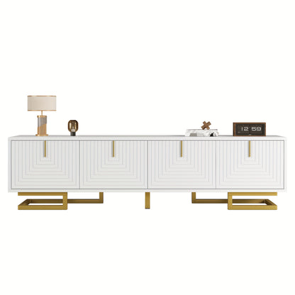 Modern Low-Profile TV Cabinet with Textured Doors & Golden Handles/Legs - -Standing Media Console, Ample Storage Space Suitable for, (No Wood)