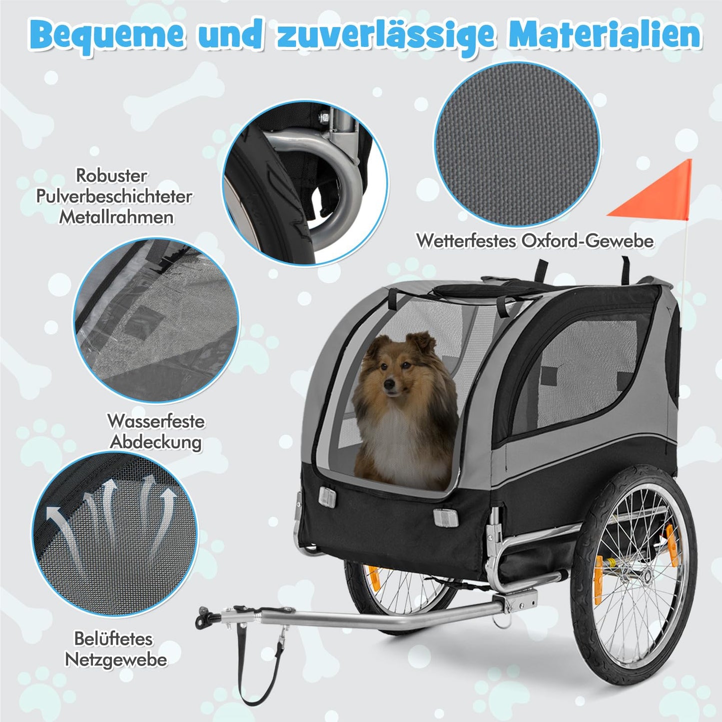 Huisdieraanhangwagen – Hondenfietsaanhanger – Huisdierfietskar – Dierentransportkar – Fietskar voor Honden Grijs – Ademend Oxford Doek – 3 Toegangsdeuren met Veiligheidsvlag en Quick Release Wielen