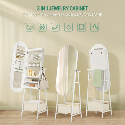 Jewelry Cabinet, Standing Mirror Cabinet, Built-in 6-LED Lighting And Mirror, Lockable, Wall Cabinet with Mirror, with Hanging Compartments And Baskets, Modern Elegance, White, Jewelry Armoires