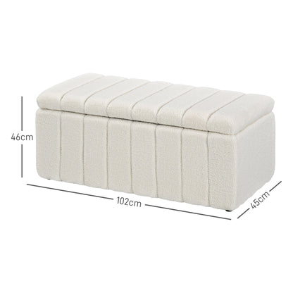 Opbergbankje – Zitbank – Bankje – Halbank – Opbergbox – Crème Wit Teddy Fleece – Houten Pootjes – 102x45x46 cm – Met Verstopte Opbergruimte
