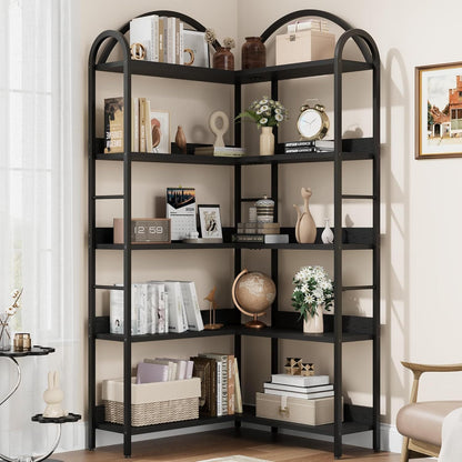 1pc Heavy-Duty Industrial Metal L-Shaped Corner Bookshelf with 5-Tier Arched Shelving Unit - Freestanding Floor Shelf with Sturdy A-Frame Design, Easy Assembly & Space-Saving Shelving for Living Room, Bedroom, Home Office - M