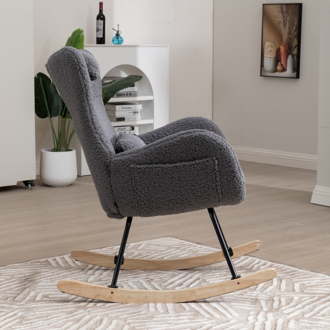 Schommelstoel – Relaxstoel – Fauteuil – Voedingsstoel – Loungestoel – Ergonomisch Design – Memory Foam Zitting – Hoge Rugleuning – Teddy Stof – Massief Houten Frame – Handmatig Schommelmechanisme – Grijs