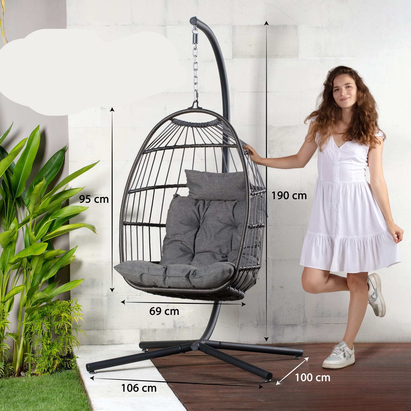 Hangende Eierstoel – Schommelstoel – Hangstoel – Relaxstoel – Eierhangstoel – Diepgrijs – Draagvermogen 250 kg – Water- en UV-bestendige Kussens