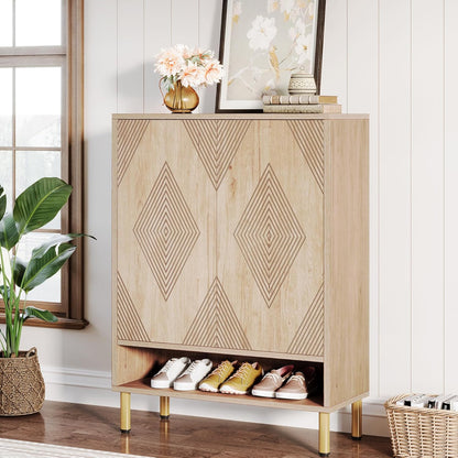 Schoenenkast – Schoenenrek – Schoenenopberger – Halkast – Schoenenbank – Smal Design – 25 Paar Schoenen – Houten Kast Met Goud Metalen Frame – 73x35x115 cm
