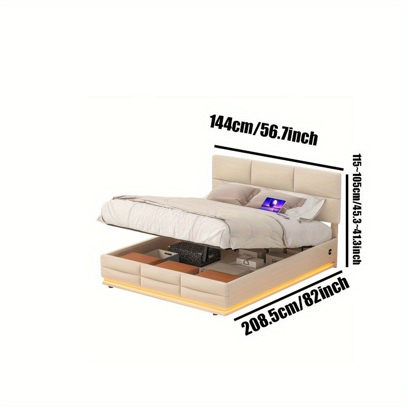 Bedframe – Bed – Bedbodem – Platformbed – Opbergbed – Beige – 140x200 cm – Hydraulisch Systeem – Zachte Huidvriendelijke Stof