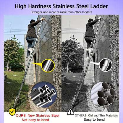 5M Telescopic Straight Ladder A-Frame Stainless Steel Folding Ladder, 16.4FT 2-IN-1 Extension Ladder With Support Bar 149.69KG Max Load For Household Outdoor Work