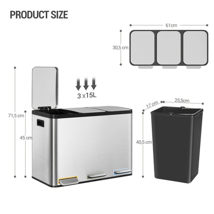Afvalemmer Keuken – Prullenbak – Vuilnisbak – Afvalbak – Afvalcontainer – RVS 3-Vak 45L – Handsfree Voetpedaal – Stil Dempingssysteem