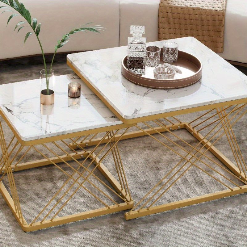 Salontafelset – Koffietafel – Bijzettafel – Woonkamertafel – Tafeltje – Glanzend Marmerlook – 2 Stuks Vierkant 60x60x45 & 45x45x40 cm – Verstelbare Poten, Max 30 kg Belastbaar