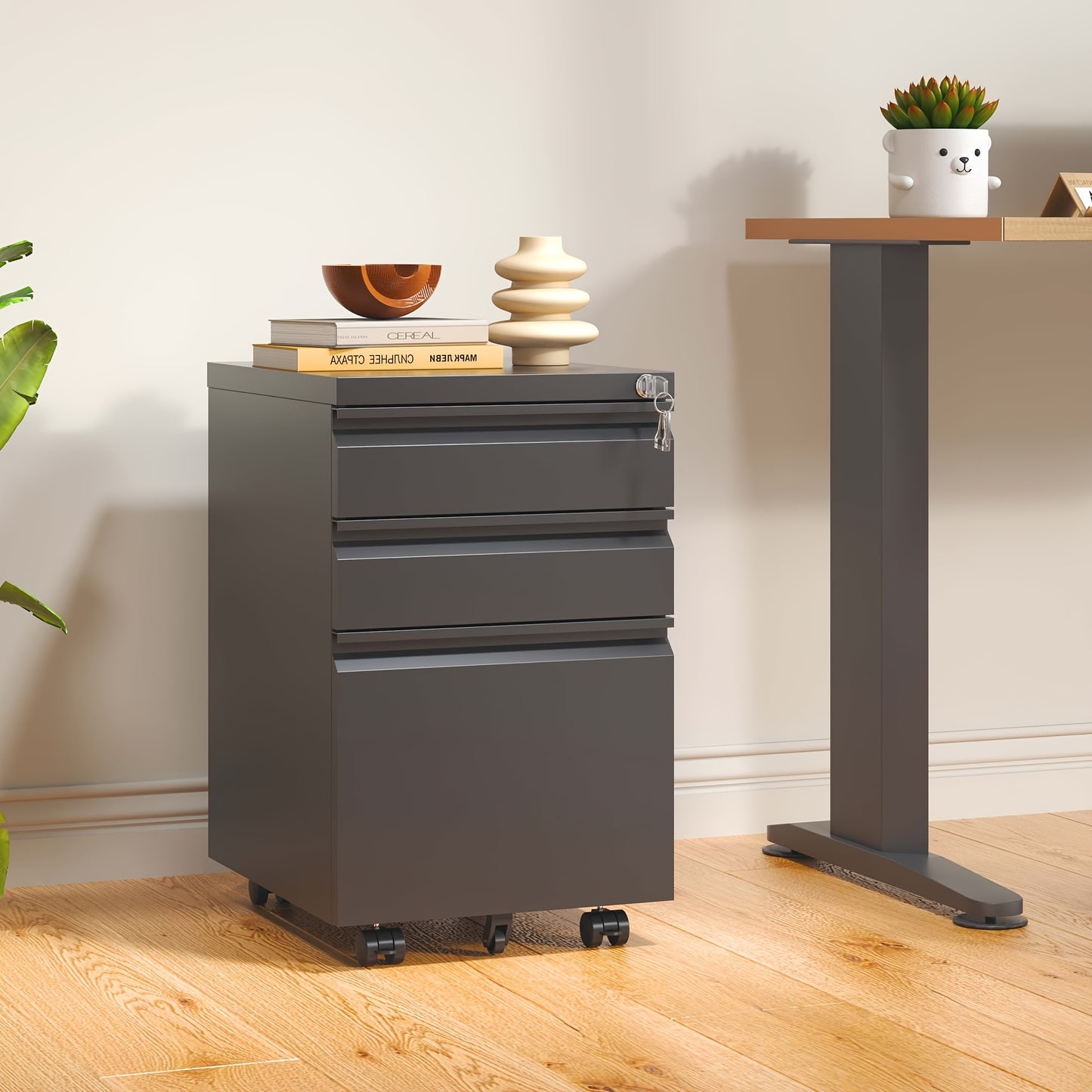 Mobiele Ladenkast – Rolcontainer – Archiefkast – Bureaulade – Kantoorkast – Metalen Constructie – 3 Afsluitbare Laden – Zwenkwieltjes – Zwart – 68,58 cm Hoog