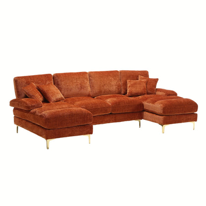 Hoekbank – Hoekbanken – U-bank – 4-zitsbank – Zitbank – Oranje Chenille – Dubbele Relaxzetels – Ruim U-vormig Design