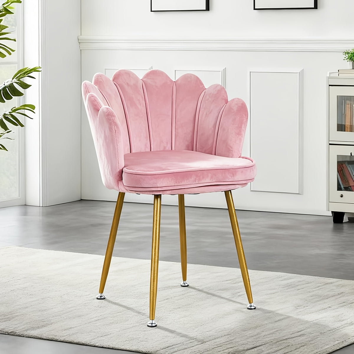 Pink Velvet Dressing and Dining Chair | Petal-shaped Backrest and Armrests with Golden Metal Legs, Suitable for Bedroom, Dining Room, Study - MSFE