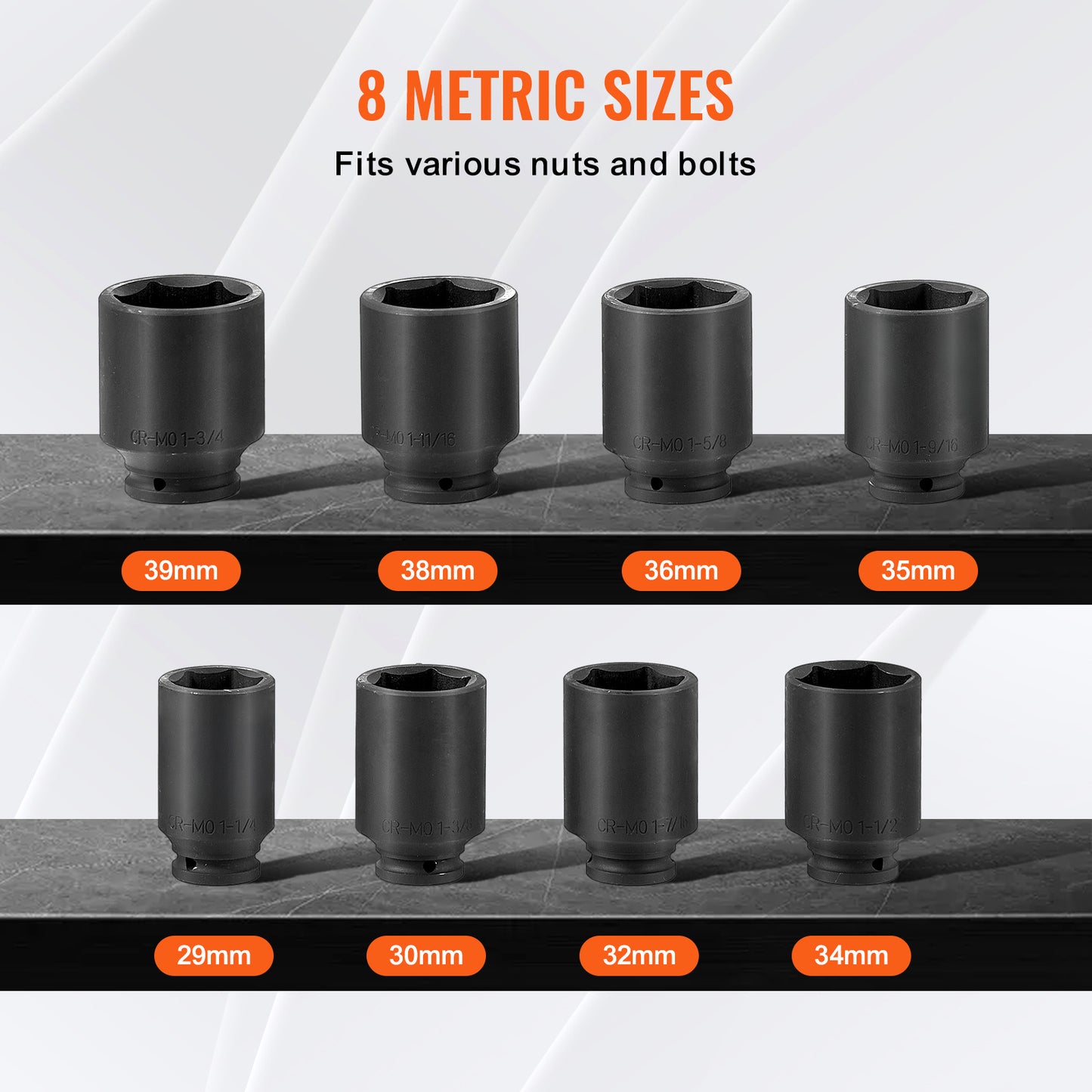 Impact doppen set 1/2" – Wielmoerdoppen – Slagmoerdoppen – Diepe doppen – Rateldoppen – 8-delig met 12-punts ontwerp – Slagvast chroom-molybdeen staal