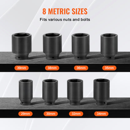 Impact doppen set 1/2" – Wielmoerdoppen – Slagmoerdoppen – Diepe doppen – Rateldoppen – 8-delig met 12-punts ontwerp – Slagvast chroom-molybdeen staal