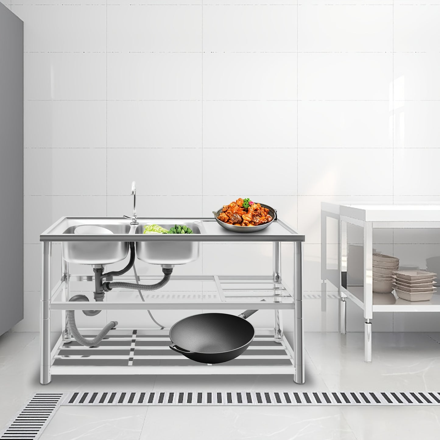 Vrijstaande Spoeltafel – RVS Werktafel – Dubbele Spoelbak – Keukentafel – Afwastegel – Roestvrij Staal – 120x45x80 cm – 360° Draaibare Kraan