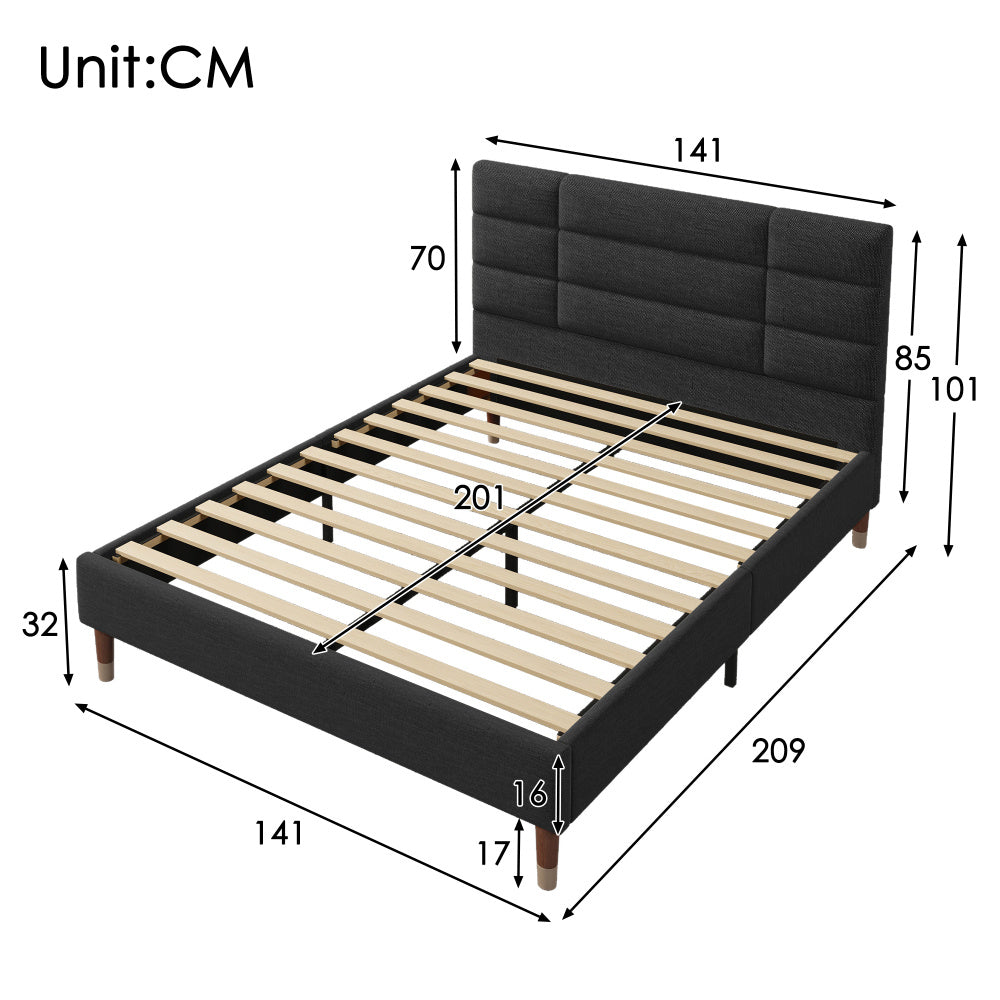 Bedframe – Houten Bed – Eenpersoonsbed – Opbergbed – Slaapbank – Modern Design – 140x200 cm – Massief Hardhout & Linnen – Geen Elektriciteit – Ruimtebesparend – Zwart